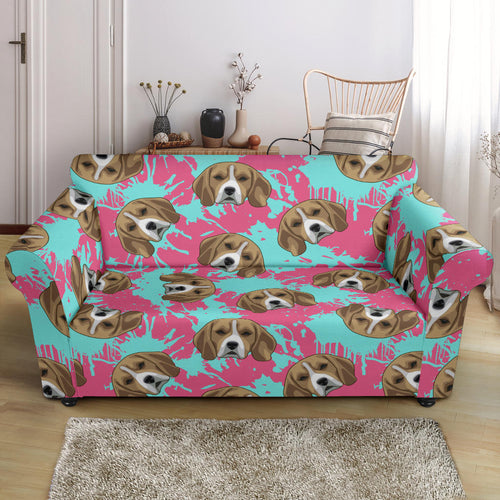 Beagle Muzzles Turquoise Paint Splashes Pink Pattern Loveseat Couch Slipcover