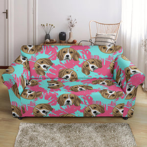 Beagle Muzzles Turquoise Paint Splashes Pink Pattern Loveseat Couch Slipcover