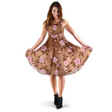 Pink Sakura Cherry Blossom Drak Brown Background Sleeveless Midi Dress