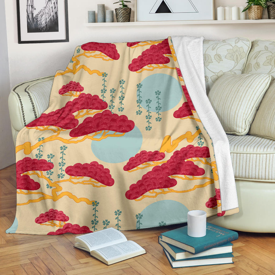 Red Bonsai Gray Sun Japanese Pattern Premium Blanket