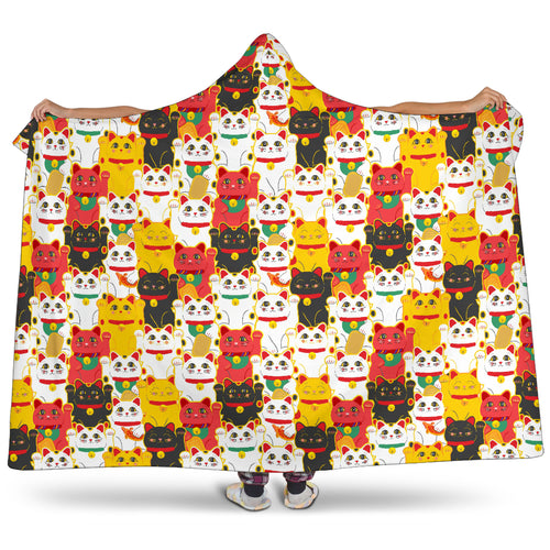Colorful Maneki Neko Lucky Cat Pattern Hooded Blanket