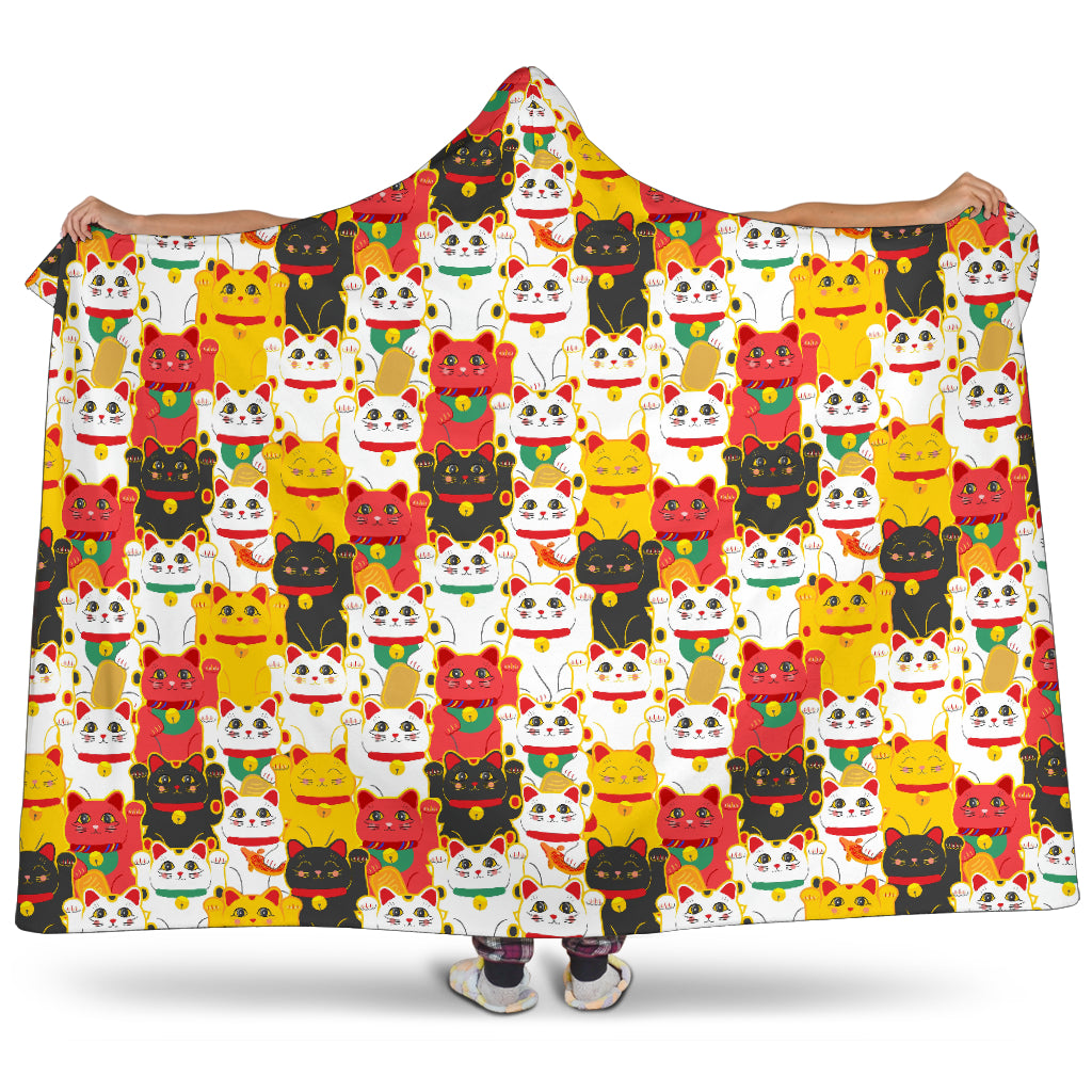 Colorful Maneki Neko Lucky Cat Pattern Hooded Blanket