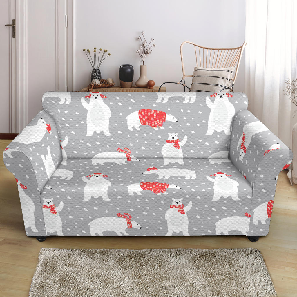 Cute Polar Bear Christmas Snow Pattern Loveseat Couch Slipcover