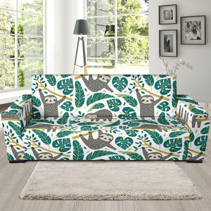 Cute Sloths Tropical Palm Leaves White Background Sofa Slipcover