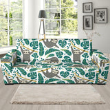 Cute Sloths Tropical Palm Leaves White Background Sofa Slipcover