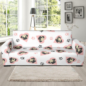 Cute Pugs Pink Heart Paw Pattern Sofa Slipcover