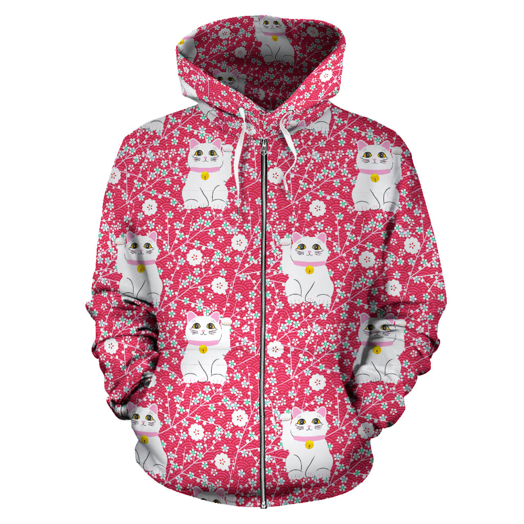 Maneki Neko Cat Sakura Pink Background Zip Up Hoodie