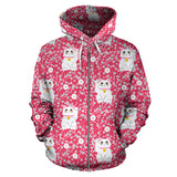 Maneki Neko Cat Sakura Pink Background Zip Up Hoodie