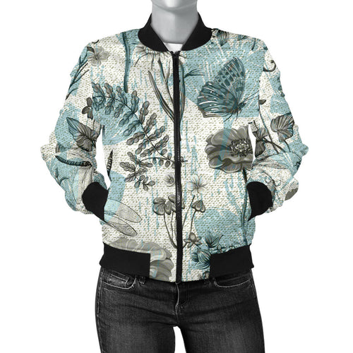 Dragonfly Butterfly Plants Insect Flower Vintage Style Pattern Women'S Bomber Jacket