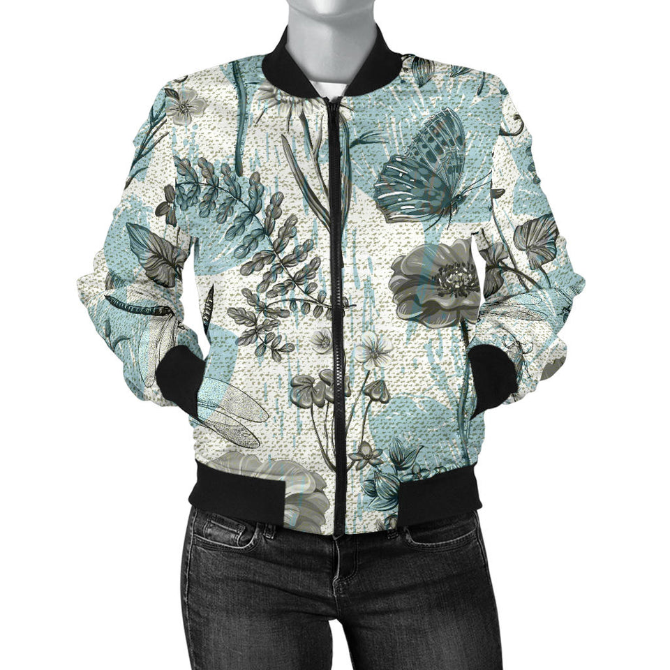 Dragonfly Butterfly Plants Insect Flower Vintage Style Pattern Women'S Bomber Jacket