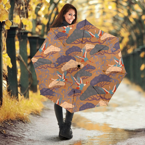 Bonsai Bamboo Stork Japanese Pattern Brown Theme Umbrella