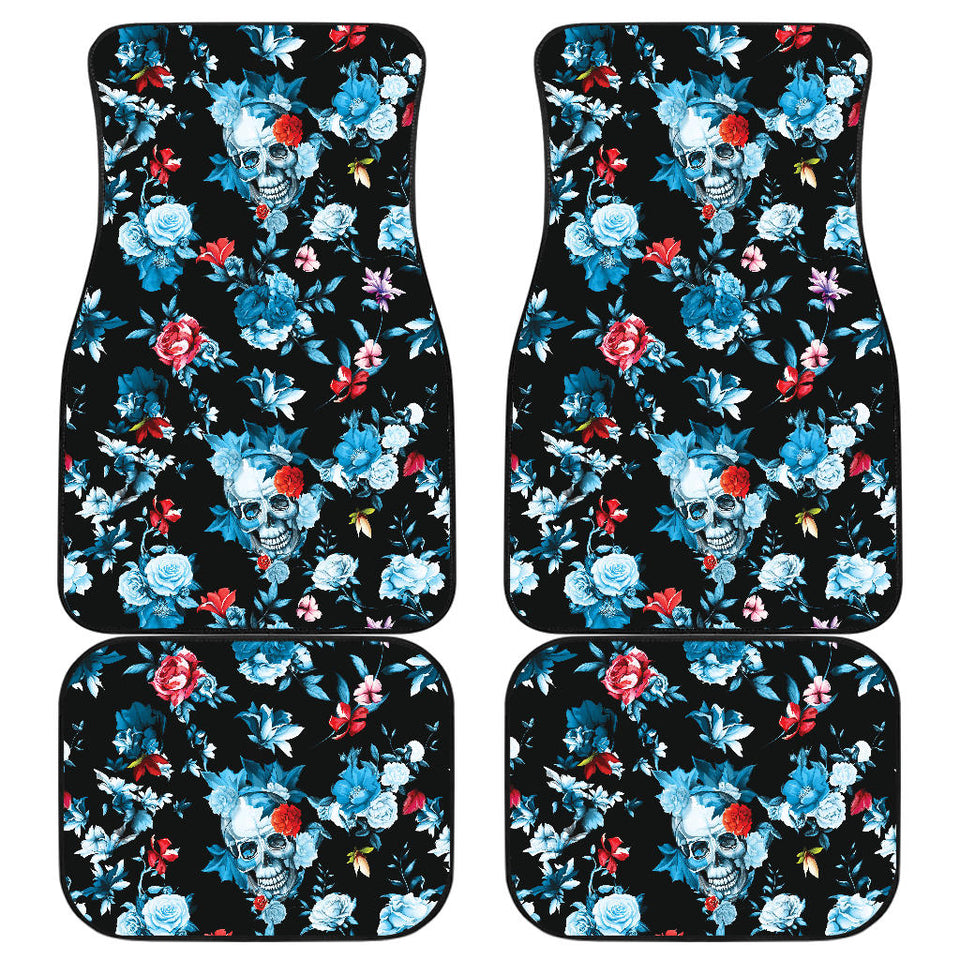 Skull Flower Roses Leave Pattern Front And Back Car Mats