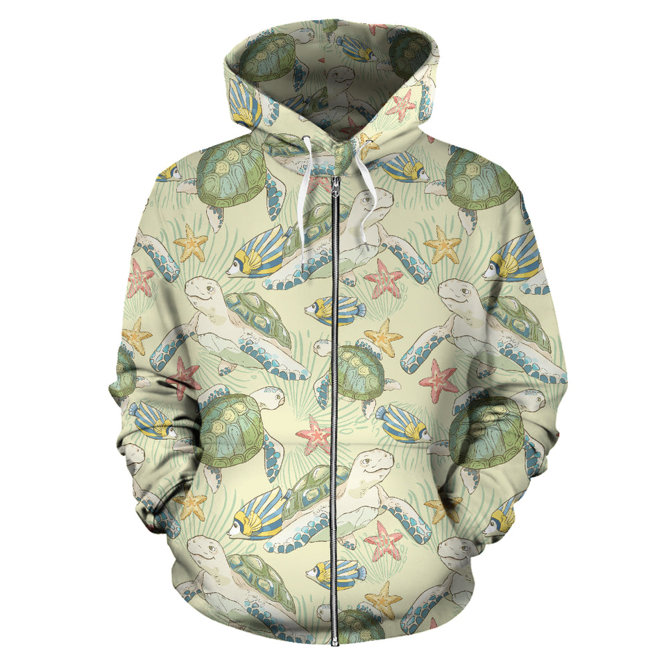 Hand Drawn Sea Turtle Fish Pattern Zip Up Hoodie