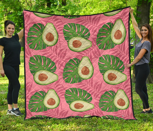 Avocado Slices Leaves Pink Back Ground Premium Quilt