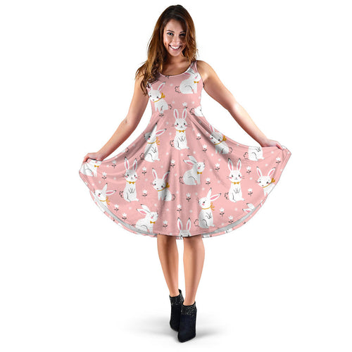Cute White Rabbit Flower Pink Background Sleeveless Midi Dress