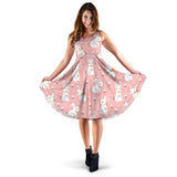 Cute White Rabbit Flower Pink Background Sleeveless Midi Dress