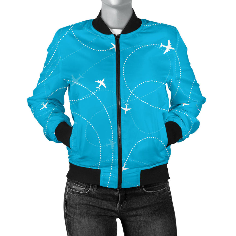 Airplane Destinations Blue Background Women'S Bomber Jacket