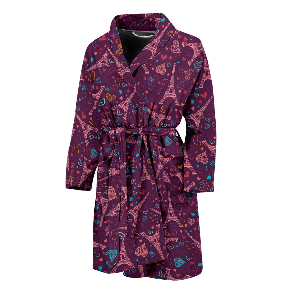 Eiffel Tower Heart Pattern Print Design 04 Men's Bathrobe