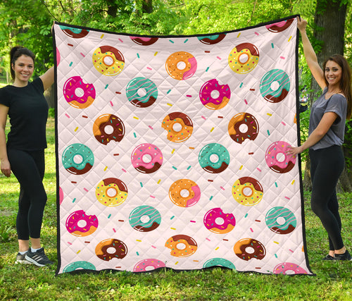 Donut Pattern Glaze Pink Background Premium Quilt