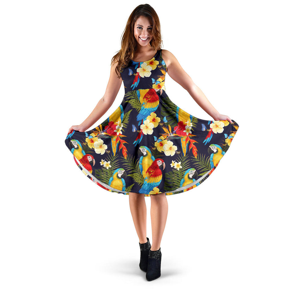 Colorful Parrot Flower Pattern Sleeveless Midi Dress
