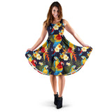 Colorful Parrot Flower Pattern Sleeveless Midi Dress