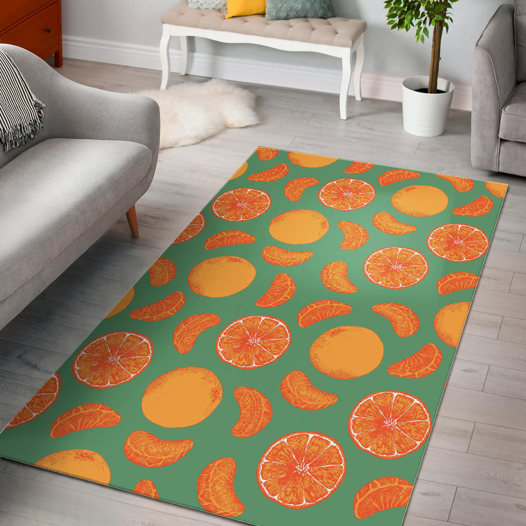 Orange Fruit Pattern Green Background Area Rug