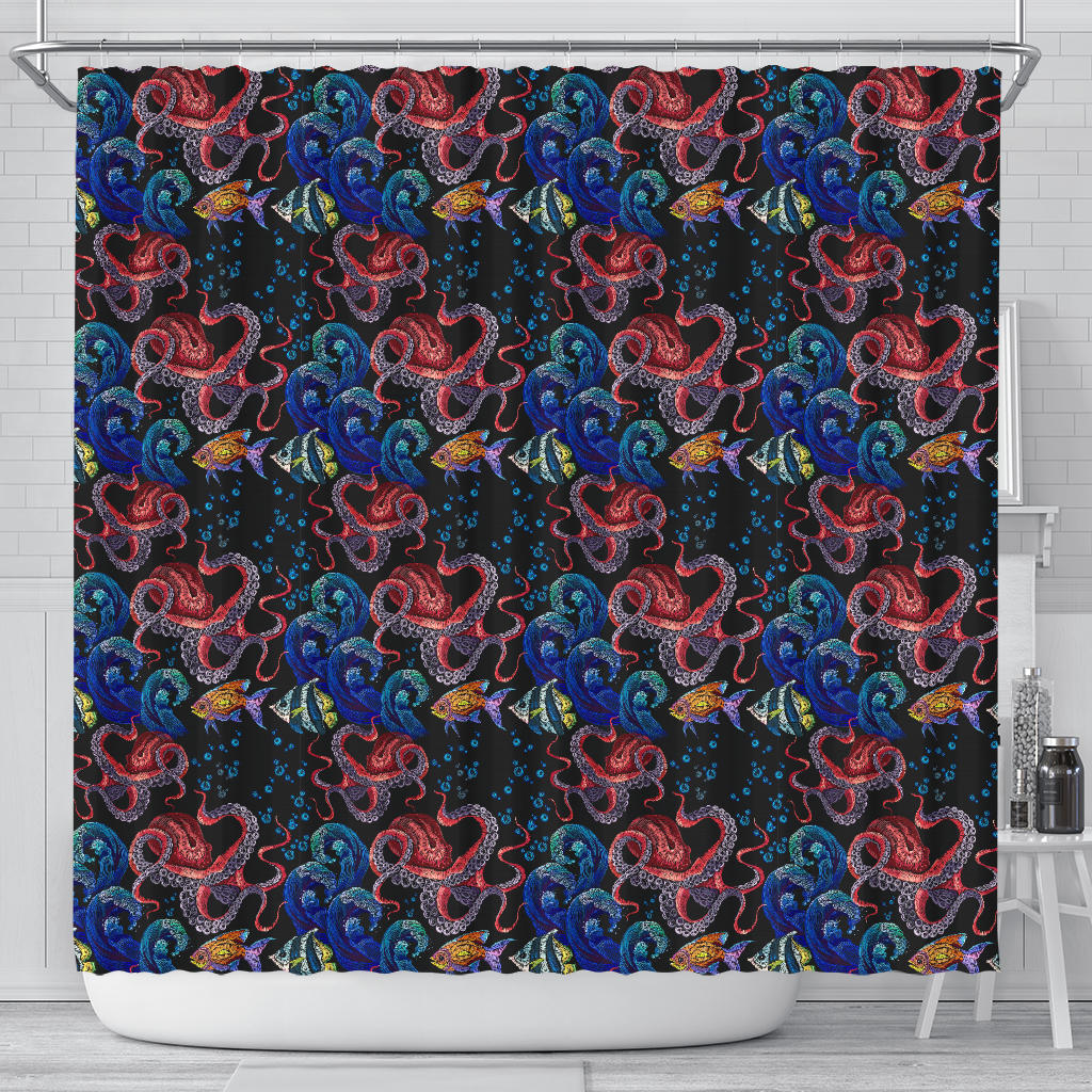 Octopus Sea Wave Tropical Fishe Pattern Shower Curtain Fulfilled In US