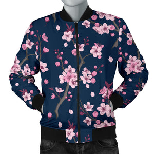 Pink Sakura Cherry Blossom Blue Background Men'S Bomber Jacket