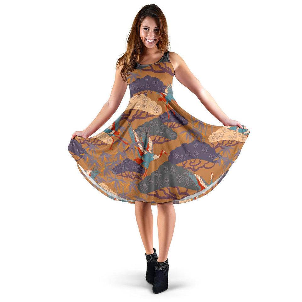 Bonsai Bamboo Stork Japanese Pattern Brown Theme Sleeveless Midi Dress