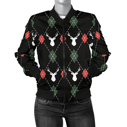 Deer Christmas New Year Pattern Argyle Women'S Bomber Jacket