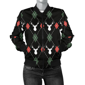 Deer Christmas New Year Pattern Argyle Women'S Bomber Jacket