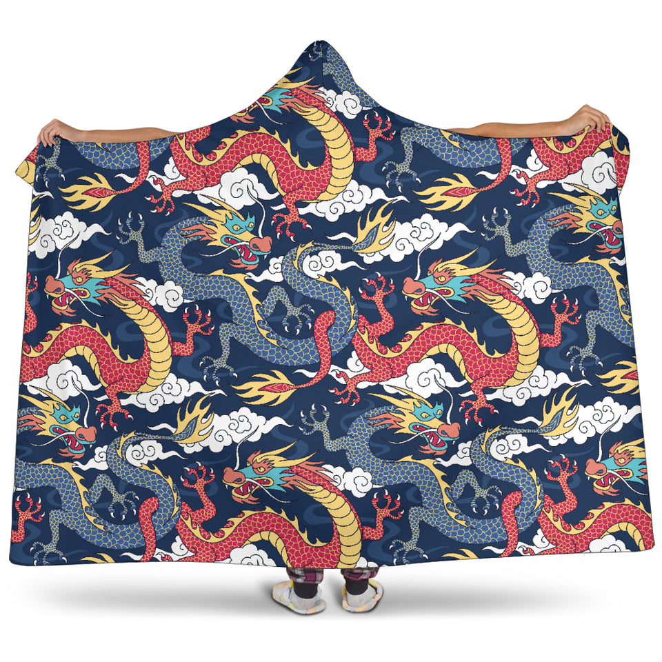 Blue Red Dragon Cloud Pattern Hooded Blanket