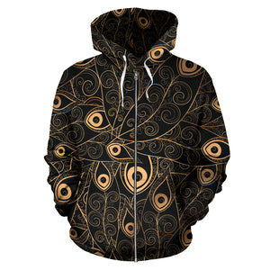 Gold Peacock Feather Pattern Zip Up Hoodie