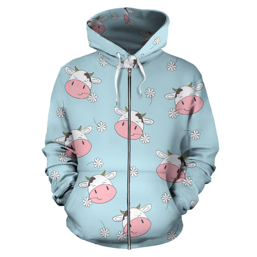 Cute Cow Flower Pattern Zip Up Hoodie