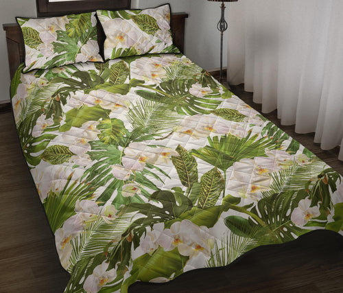 White orchid flower tropical leaves pattern Quilt Bed Set