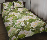 White orchid flower tropical leaves pattern Quilt Bed Set