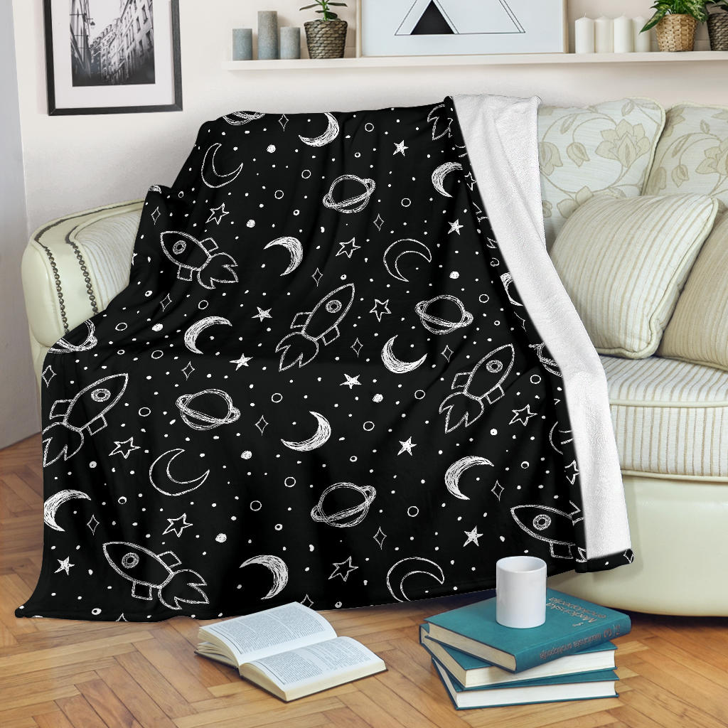 Hand Drawn Space Rocket Star Planet Premium Blanket
