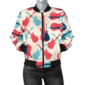 Red Blue Guitar Pattern Women'S Bomber Jacket