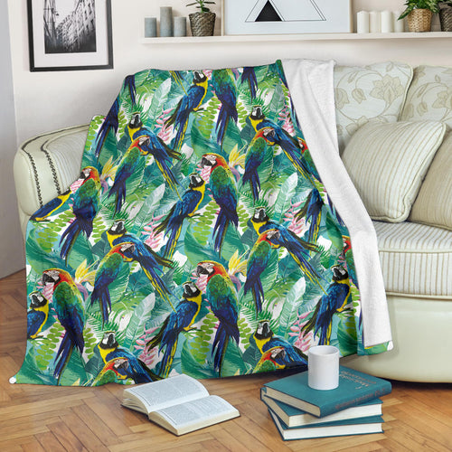 Colorful Parrot Exotic Flower Leaves Premium Blanket