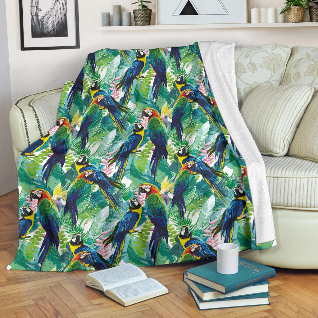 Colorful Parrot Exotic Flower Leaves Premium Blanket