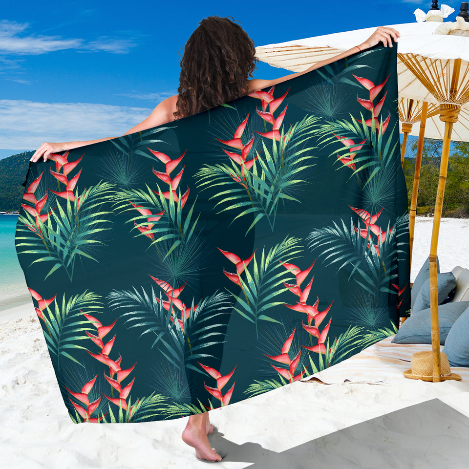 Heliconia Flowers, Palm And Monstera Leaves On Black Background Pattern Sarong