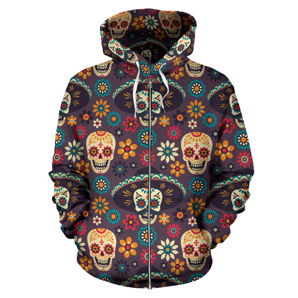 Sugar Skulls Flower Maxican Pattern Zip Up Hoodie