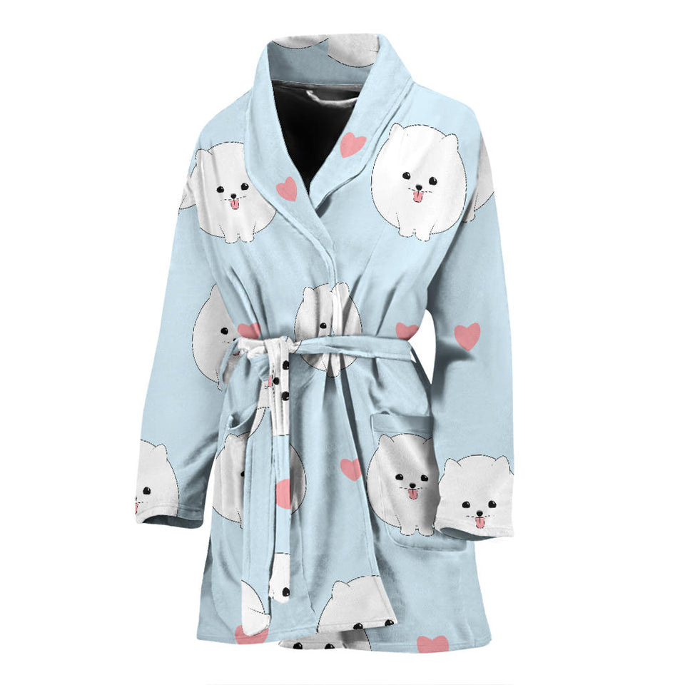 White Cute Pomeranian Pattern Women'S Bathrobe