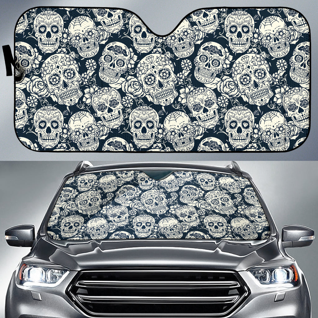 Sugar Skull Black White Pattern Car Sun Shade