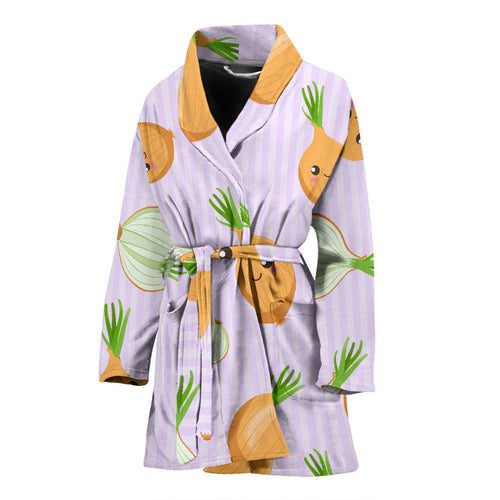 Cute Onions Smiling Faces Purple Background Women'S Bathrobe