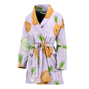 Cute Onions Smiling Faces Purple Background Women'S Bathrobe