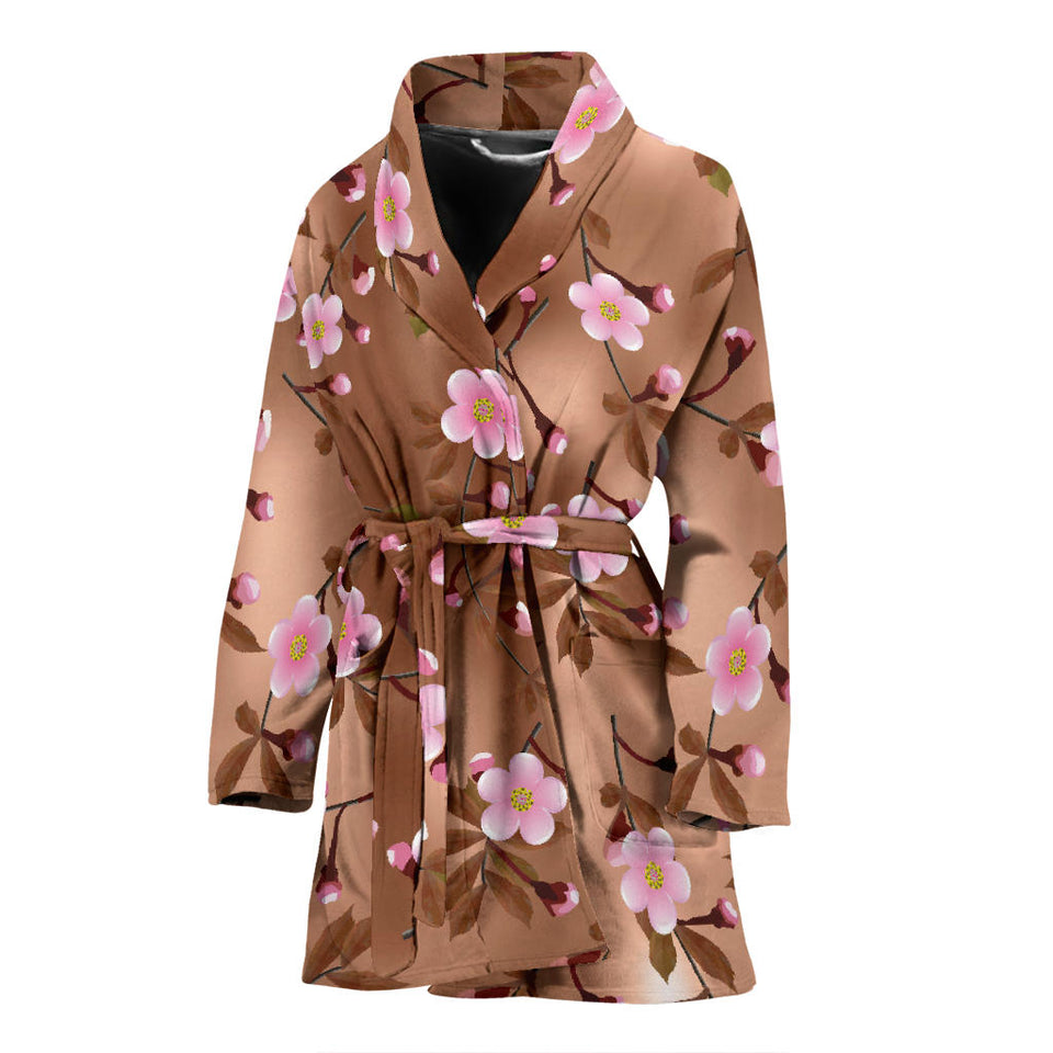 Pink Sakura Cherry Blossom Drak Brown Background Women'S Bathrobe