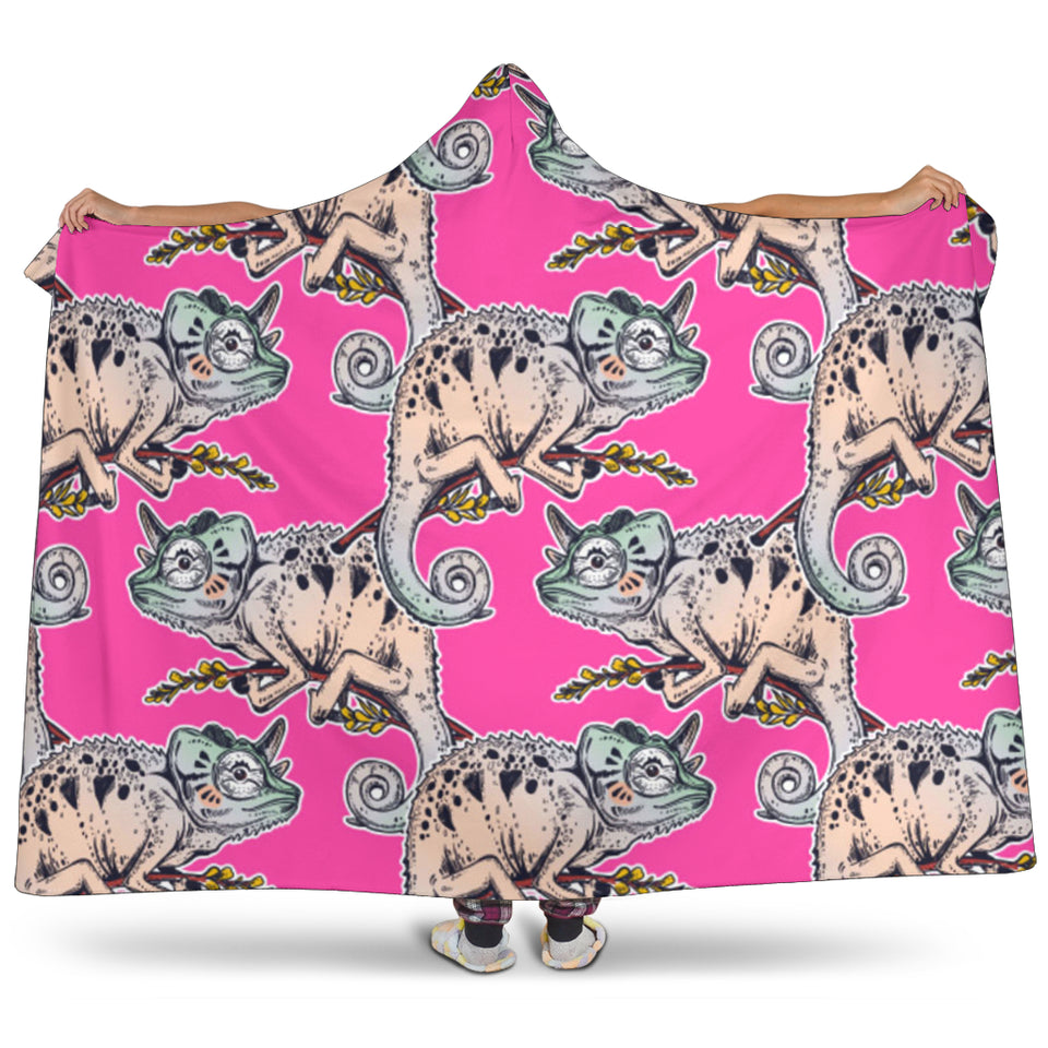 Chameleon Lizard Pattern Pink Background Hooded Blanket