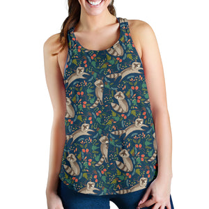 Raccoon tropical leaves pattern Women Racerback Tank Top