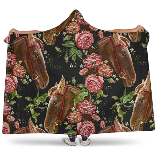 Horse Head Wild Roses Pattern Hooded Blanket